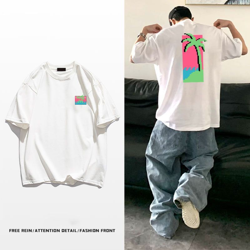 Y-T เสื้อคู่รุ่นใหม่ หลวม สวมใส่สบาย เสื้อยืดแขนสั้นผ้าฝ้ายแท้ พิมพ์มะพร้าว พร้อมส่งจากไทย S-4XL