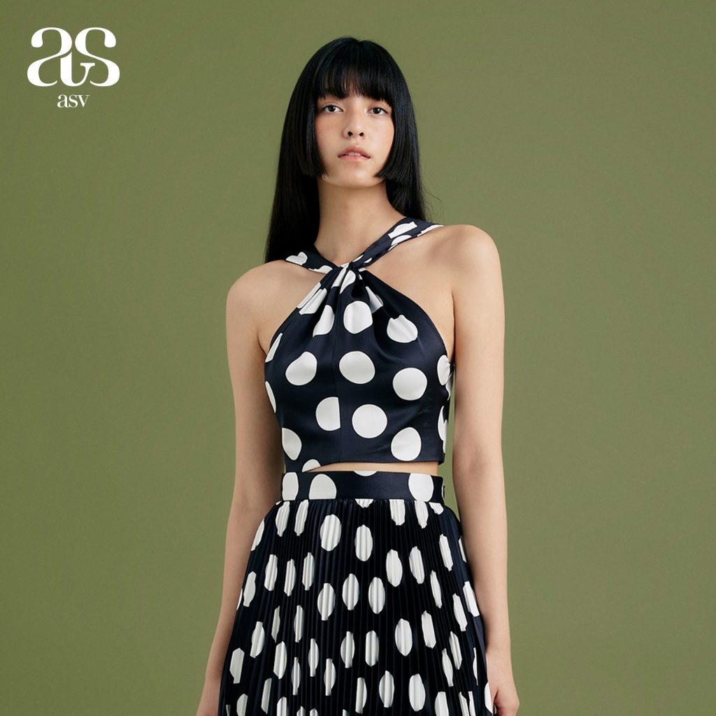 [asv aw24] Polka Dot Halter Top เสื้อผู้หญิง แต่งคล้องคอ ทรงครอป ผ้าลายจุด