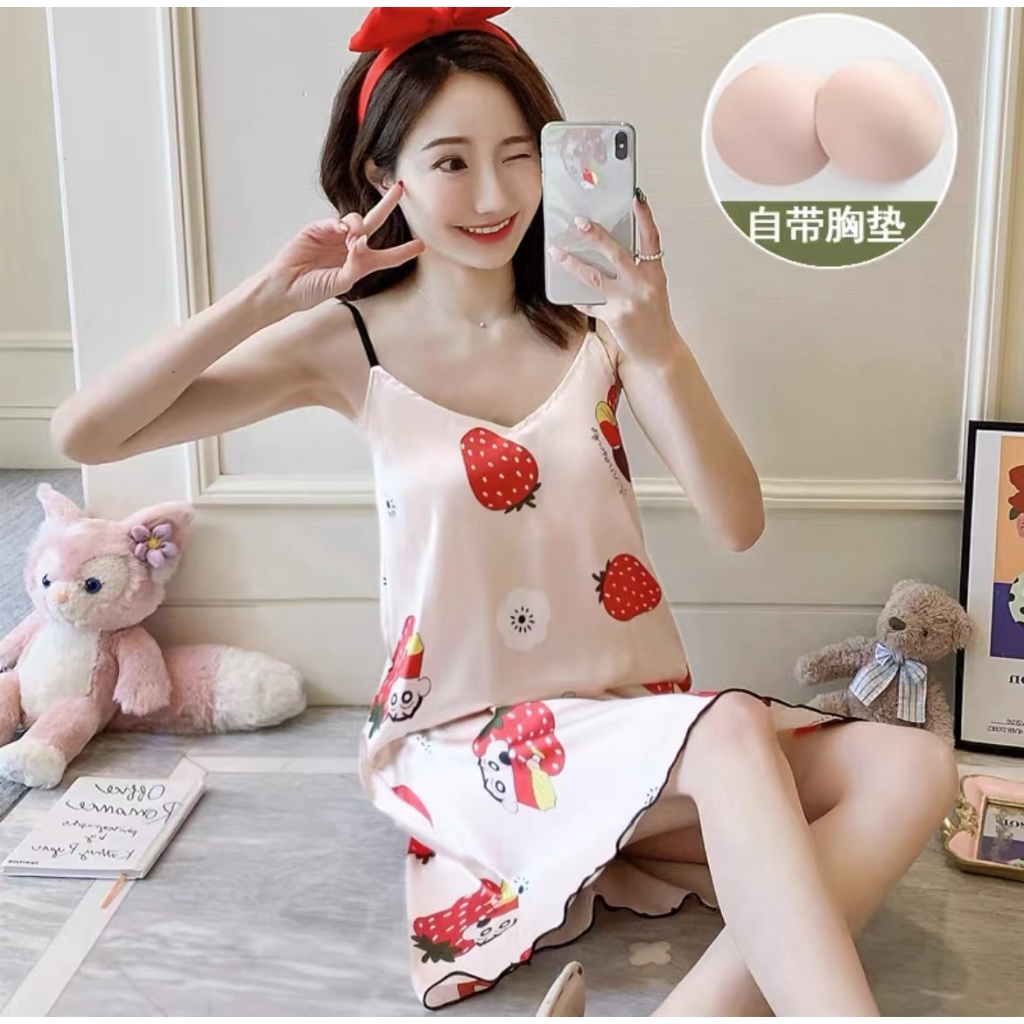 052 ชุดนอนกระโปรงสายเดี่ยว สไตล์เซ็กซี่ มีฟองน้ำ ชุดนอนผู้หญิง พร้อมส่ง - รูปที่ 3