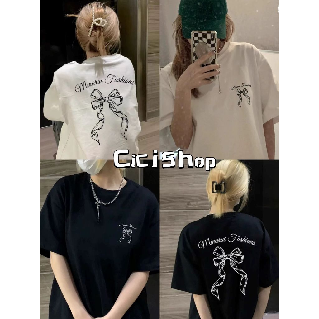 Cicishop (1290-2) เสื้อยืดโอเวอร์ไซส์ ลายโบว์สกรีนทั้งด้านหน้าและด้านหลังสไตล์พสจีน งานดีผ้าไม่บาง ท