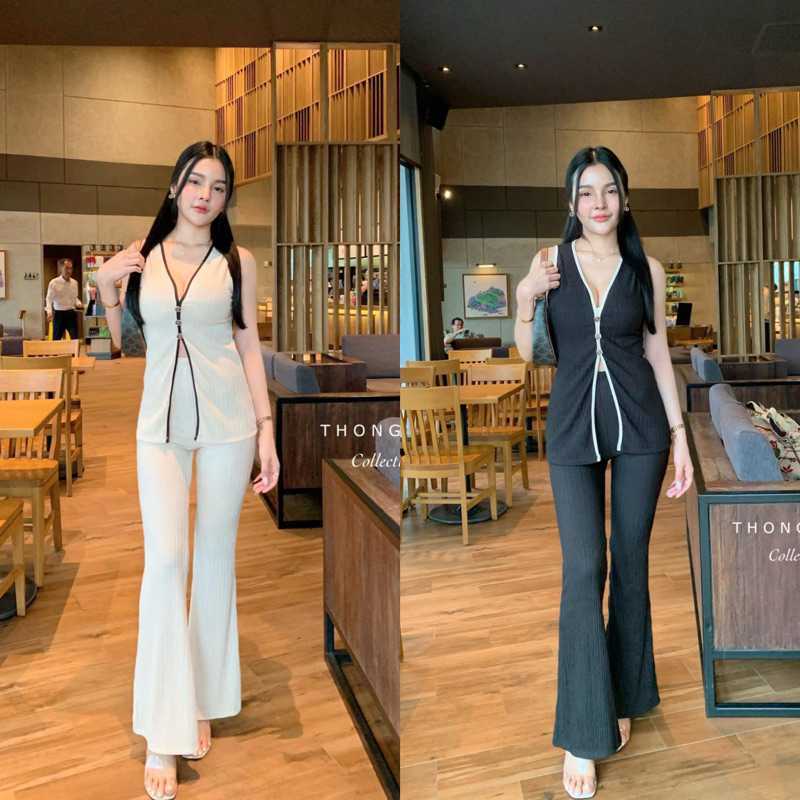 ป้ายTS(ทองสุข) : V CAMILIA SET เซทเสื้อคอวีแขนกุดแต่งกระดุมกับกางเกงขาม้า