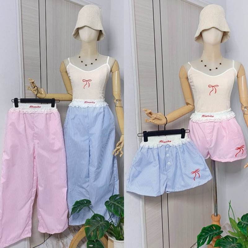 KH Pants กางเกงขายาวเอวลูกไม้ปักตัวอักษร ลายริ้ว มีทั้งขายาวและสั้น ผ้าดีใส่สวยมาก