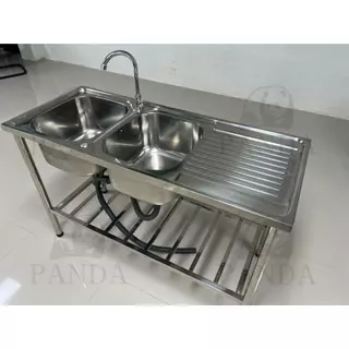 ซิงค์ล้างจาน 2 หลุม SUS304 ขนาด 120x50 พร้อมขาตั้ง อ่างล้างจานสแตนเลส ร้านอาหาร
