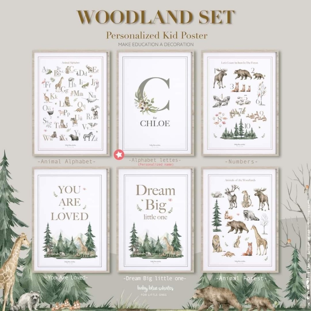 Baby Blue Whales Woodland Set Poster (พร้อมกรอบรูปอะคริลิก)