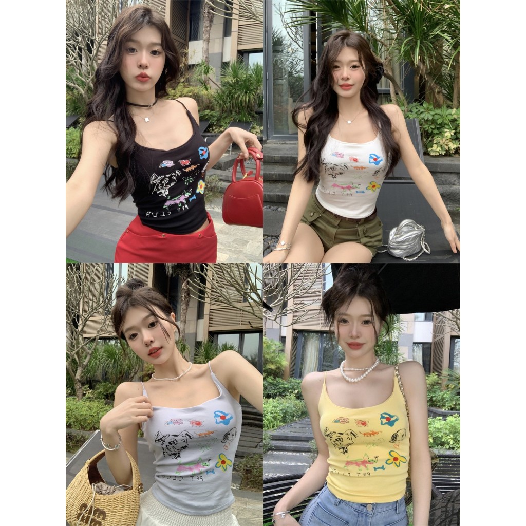สายเดี่ยวครอป  เสื้อสายเดี่ยว มีฟองน้ำ หวานมาก สกรีนลาย ชายโค้ง #152252