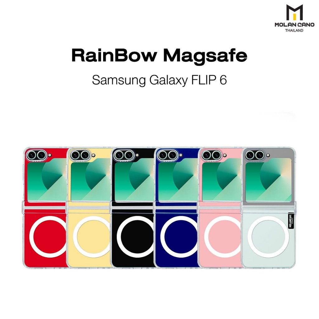 molan cano รุ่น for Z Flip 6 เคสกันรอยขีดข่วน กันกระแทก ชาร์จได้ 6 สี แดง เหลือง ดำ ฟ้า ชมพู ใส Rainbow Mag