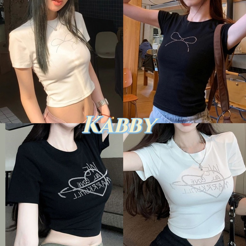 พร้อมส่ง🎀เสื้อยืดครอป y2k Top งานติดเพชรรูปโบว์ เซ็กซี่น่ารัก