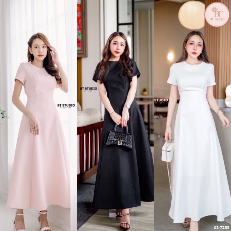 เดรสยาวแขนสั้นคอกลมกระโปรงทรงบาน