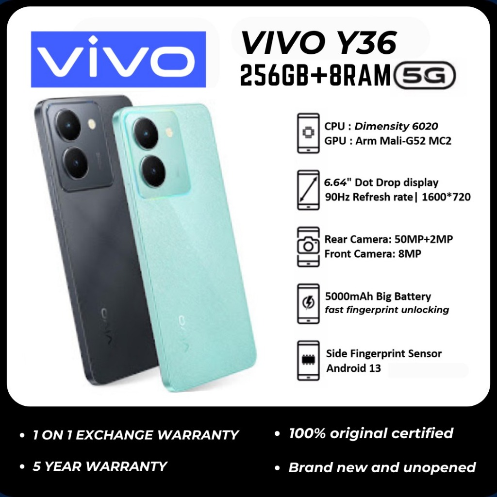 ซื้อ จัดส่งจากไทย🔥 5G VIVO Y36 [8GB+256GB] ชิปเซ็ต IPS LCD 6.64 นิ้ว แบตเตอรี่ 5000mAh ชาร์จเร็ว