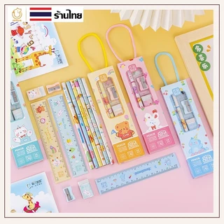 (P-136) ชุดเครื่องเขียนลายการ์ตูน แพ็ค 5 ชิ้น (ดินสอ ยางลบ ไม้บรรทัด กบเหลา) อุปกรณ์การเรียน พกพาง่าย ของขวัญ ของแจก