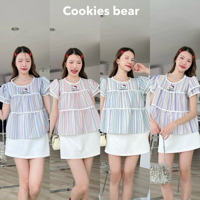A63 - เสื้อแขนพองตัวยาวผ้าบับเบิ้ลลายริ้วตัดขอบงานปักkitty