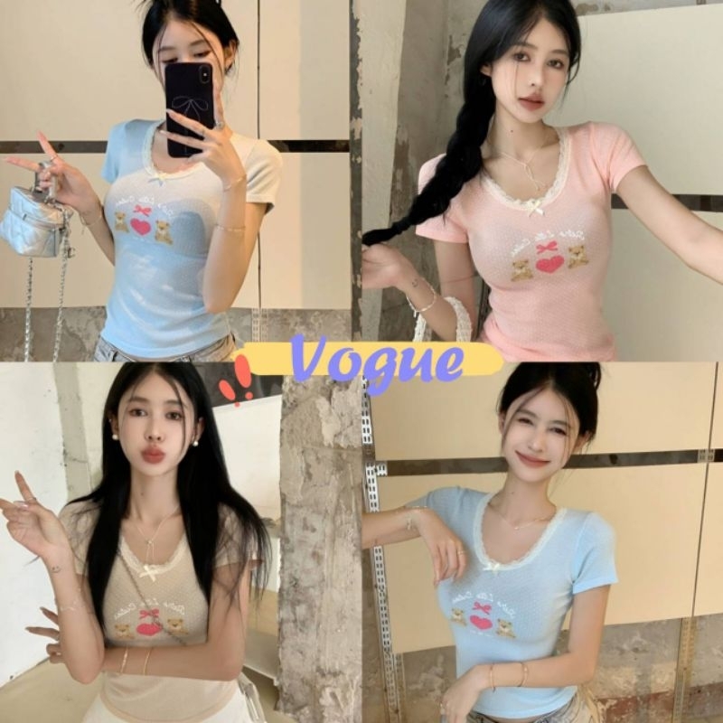 Vogue พร้อมส่ง เสื้อยืดครอปแขนสั้น คอกลม มีฟองน้ำ ดีเทลแต่งลายน้องหมี (FY5058)