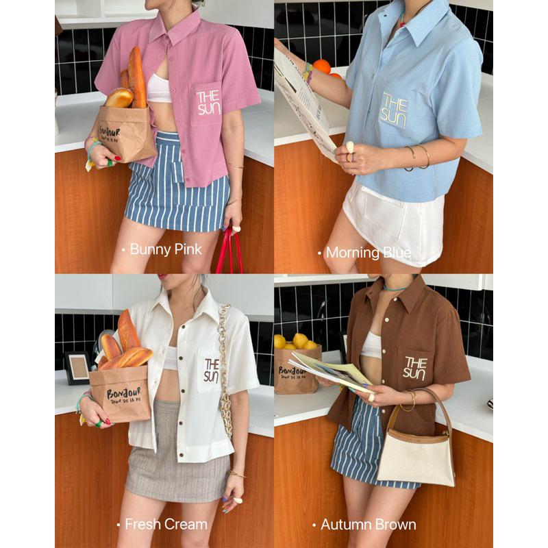 THESUNCO - BUNNY SHIRTS เสื้อเชิ้ตแขนสั้น กระเป๋าปักแบรนด์ ผ้าแทบไม่ต้องรีด