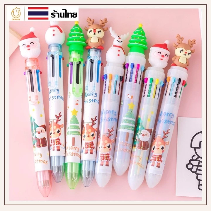 (P-139) ปากกาลูกลื่น 6 สีในด้าม 0.5mm ปากกาหัวตุ๊กตาคริสต์มาส Christmas ซานตาคลอส เรนเดียร์ สโนว์แมน ใช้จดบันทึก คละลาย