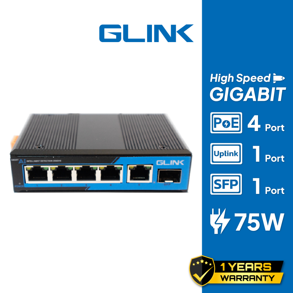 GLINK Industrial Gigabit POE Switch 4 Port (4*POE+1*Uplink+1*SFP)(75W) รุ่น GPOE-04 (ไม่มีอแดปเตอร์)