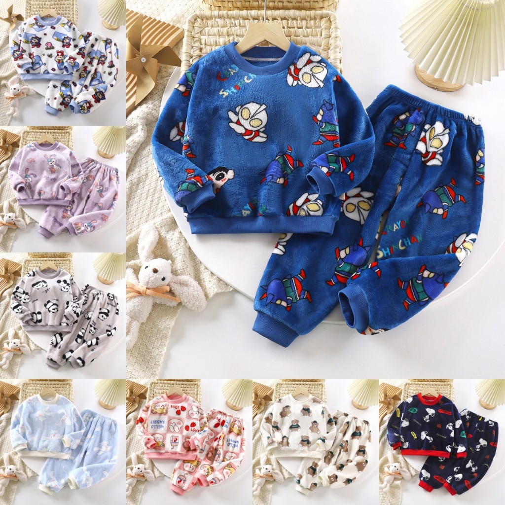 พร้อมส่ง เสื้อผ้าเด็ก ผ้าสักหราด สําหรับเด็กผู้ชาย และเด็กผู้หญิง  ชุดนอนพิมพ์ลาย