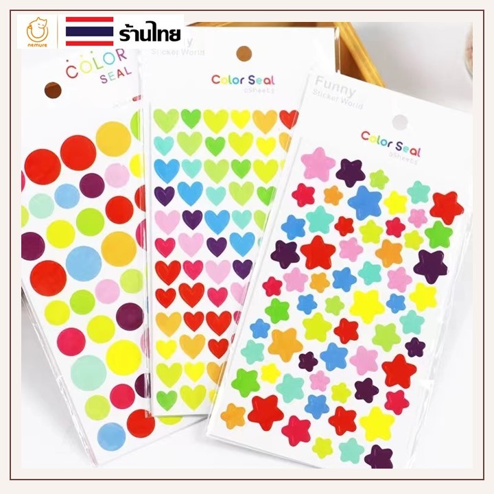 (P-151) สติ๊กเกอร์ไดคัท (1 ห่อ มี 6 แผ่น) สติ๊กเกอร์ตกแต่ง สีสดใส รูปหัวใจ วงกลม ดาว ดอกไม้ เลือกลายได้
