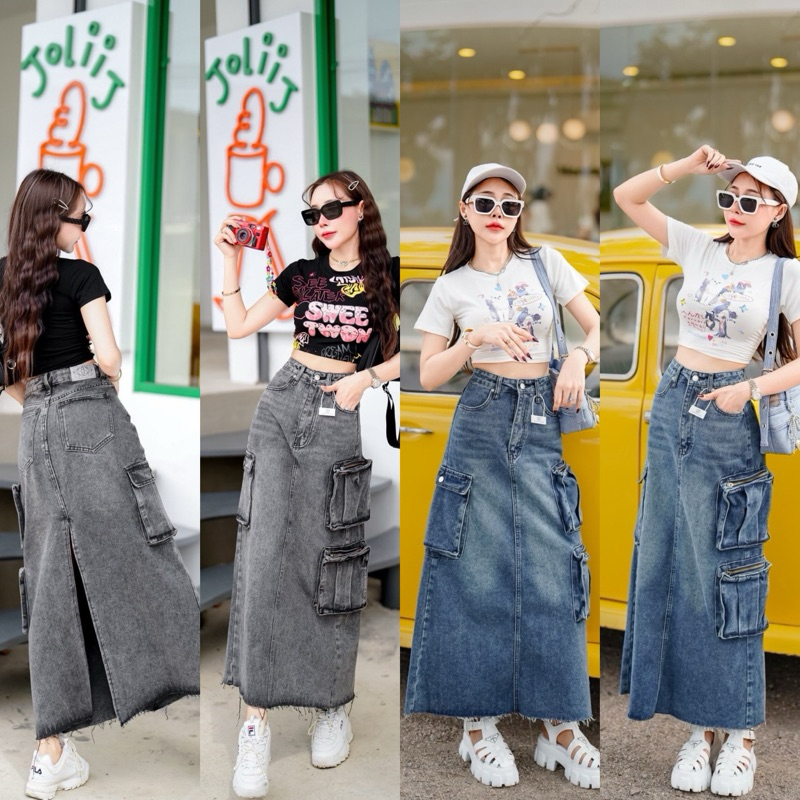MOODY6468 กระโปรงยีนส์ตัวยาว แต่งกระเป๋าคาร์โก้ ผ่าหลัง ปลายกระโปรงตัด เท่ๆ S-6XL