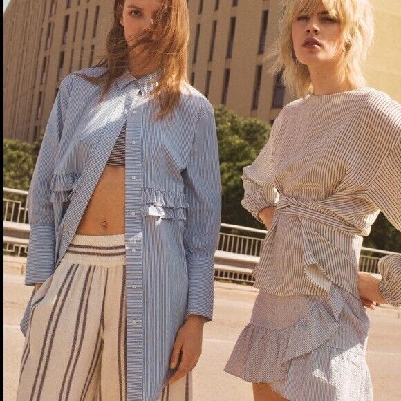 (ส่งต่อ) Mango Ruffled Poplin Shirt Blue Stripe💯