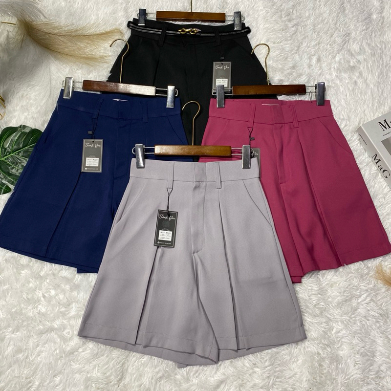 กางเกงขาสั้น จีบทวิส มีกระเป๋าข้าง (O) S-3xl ยาว 16 นิ้ว Lady women