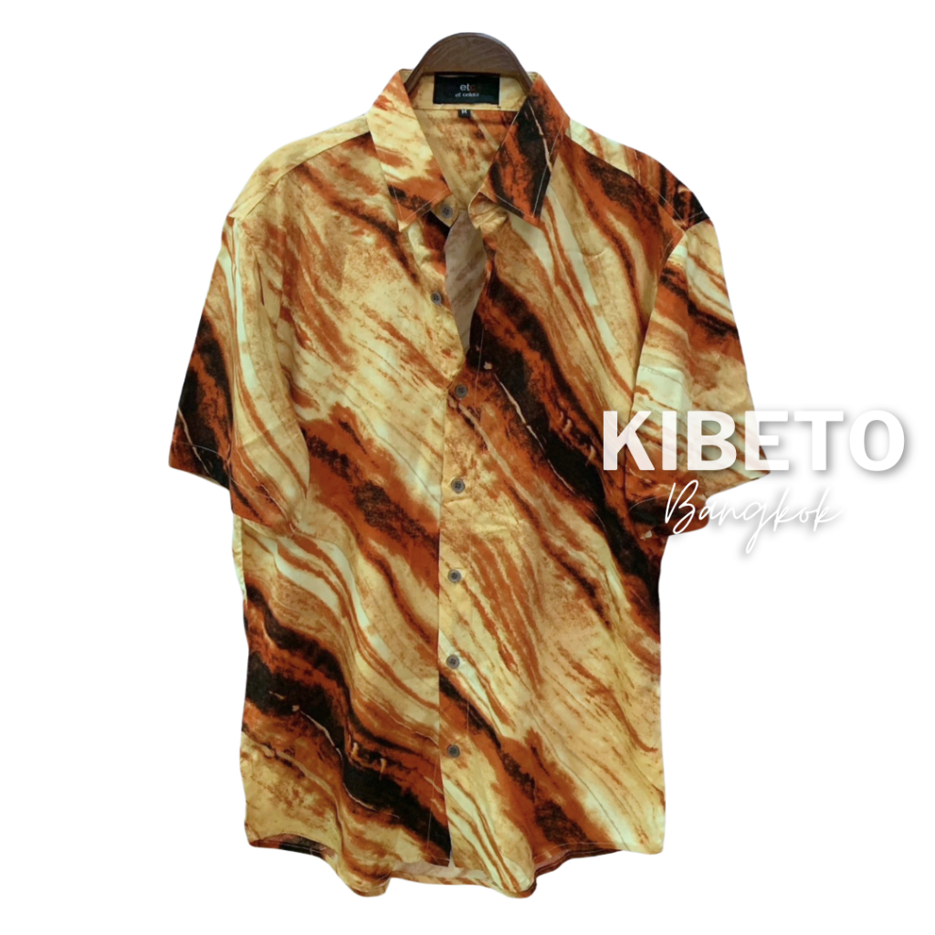 kibeto.bkk เสื้อเชิ้ตฮาวาย ลายหินอ่อนน้ำตาลเหลือง ผ้าสปันเรยอน เนื้อนิ่ม ใส่สบายไม่ร้อน