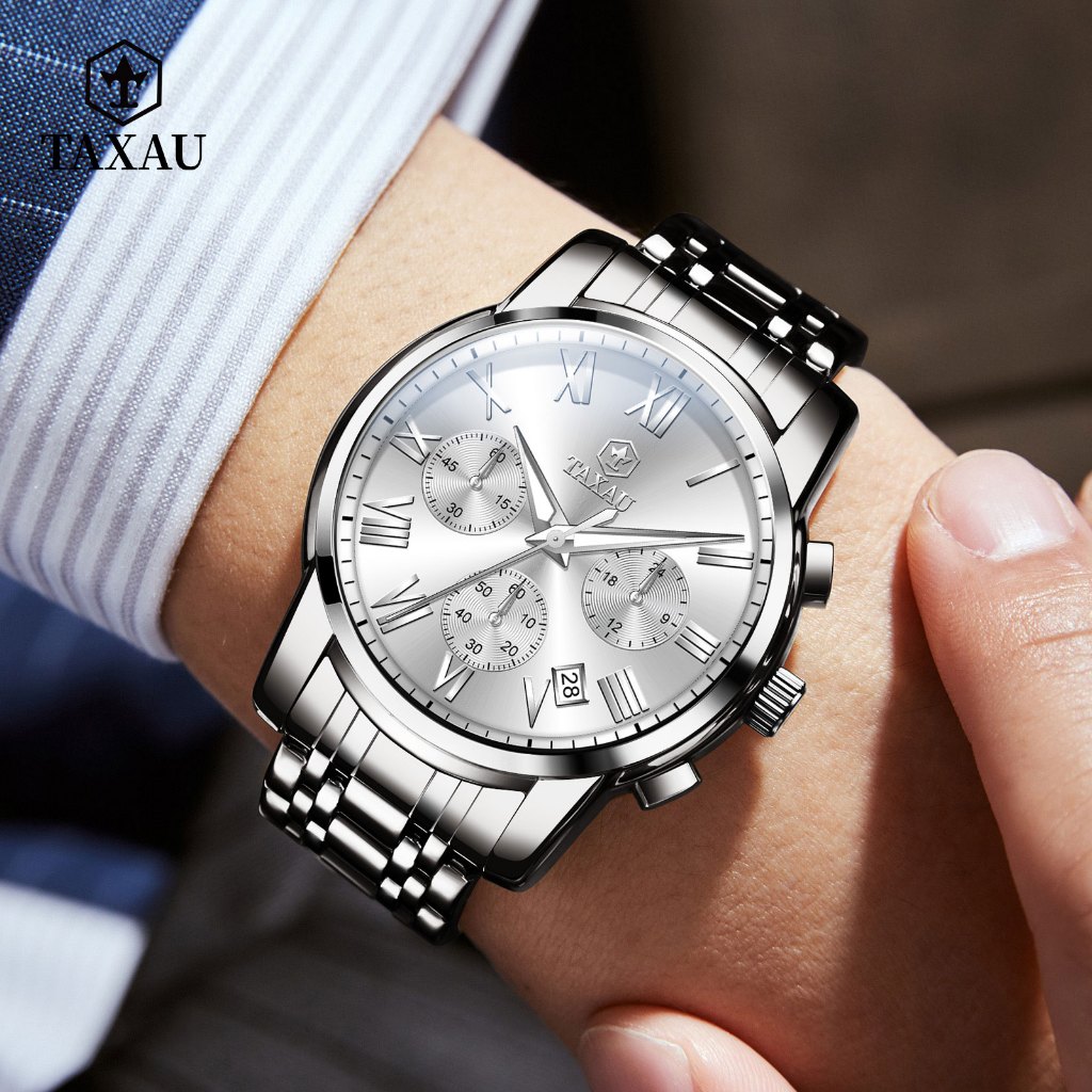 TAXAU นาฬิกาผู้ชาย 100%สายสแตนเลสกันน้ําสไตล์ธุรกิจนาฬิกาควอตซ์ที่เรียบง่ายและมีส ผู้ชายนาฬิกาข้อมือ