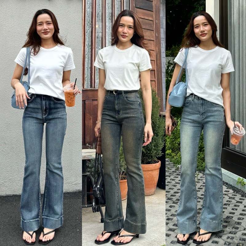 BIBI Jeans กางเกงยีนส์ขาม้ากลางๆ ปลายขาม้าขอบหนาสวย