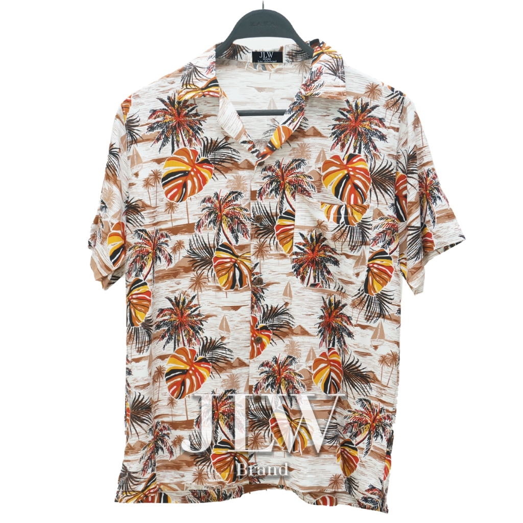 เสื้อฮาวาย ลายทะเลใบบอน ส้ม ผ้านิ่ม M L XL Oversize คอฮาวาย JLW BRAND