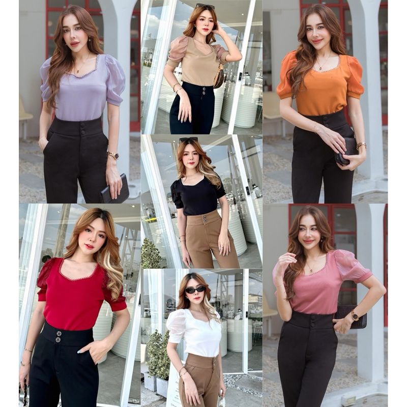 185 เสื้อคอเหลี่ยมแต่งมุกรอบคอต่อแขนสั้นชีฟอง