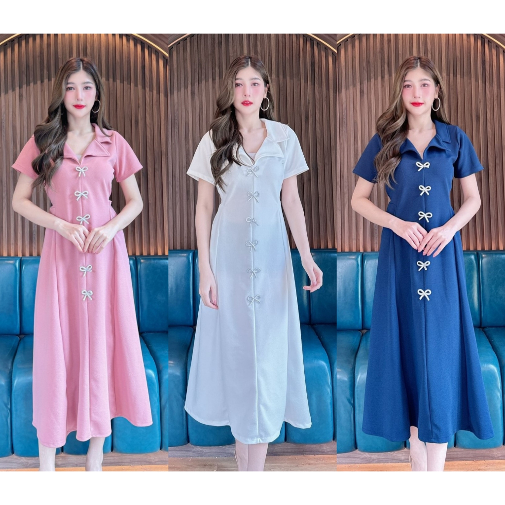 เดรสยาวผ้าวูลเวฟคอปกแต่งโบว์เพชรซิปหลังพร้อมสายผูกเอว (B36,B56,B57) A4589