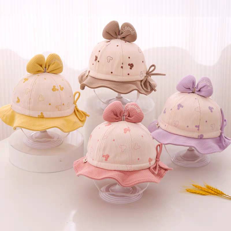 [พร้อมส่ง] หมวกเด็ก 6เดือน - 2ปี รอบหัว:46-48 cm. หมวกปีกรอบเด็กผู้หญิง ผ้าฝ้ายสีทูโทนลายหนูมิกกี้ ติดโบว์ หมวกแฟชั่น