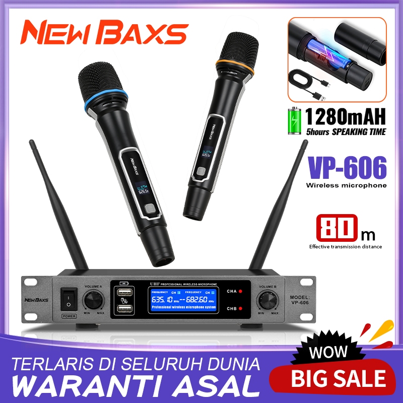 NEW BAXS VP-606 Professional 1 ต่อ 2 พร้อมฟังก์ชั่นชาร์จ ไมโครโฟน UHF ปรับความถี่ได้ ระยะรับ 80 ไมโครโฟนมือถือไร้สาย