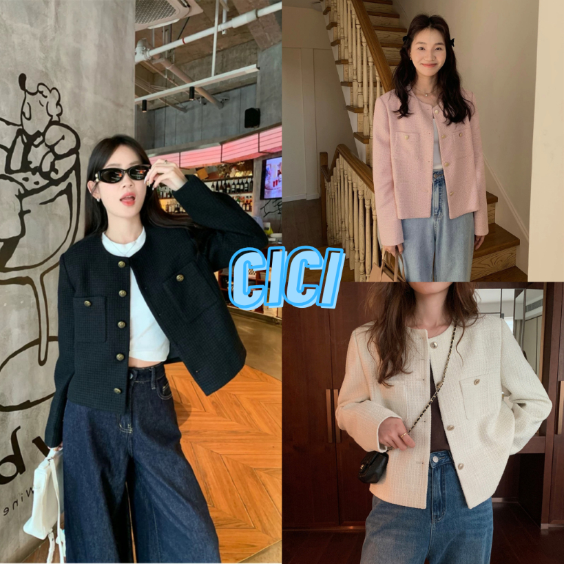 ส่งทันที Cici(NO. 3331)เสื้อแขนยาวผ้าทวิต แต่งกระดุมทอง สวยเรียบหรูผู้ดีฝรั่งเศษ