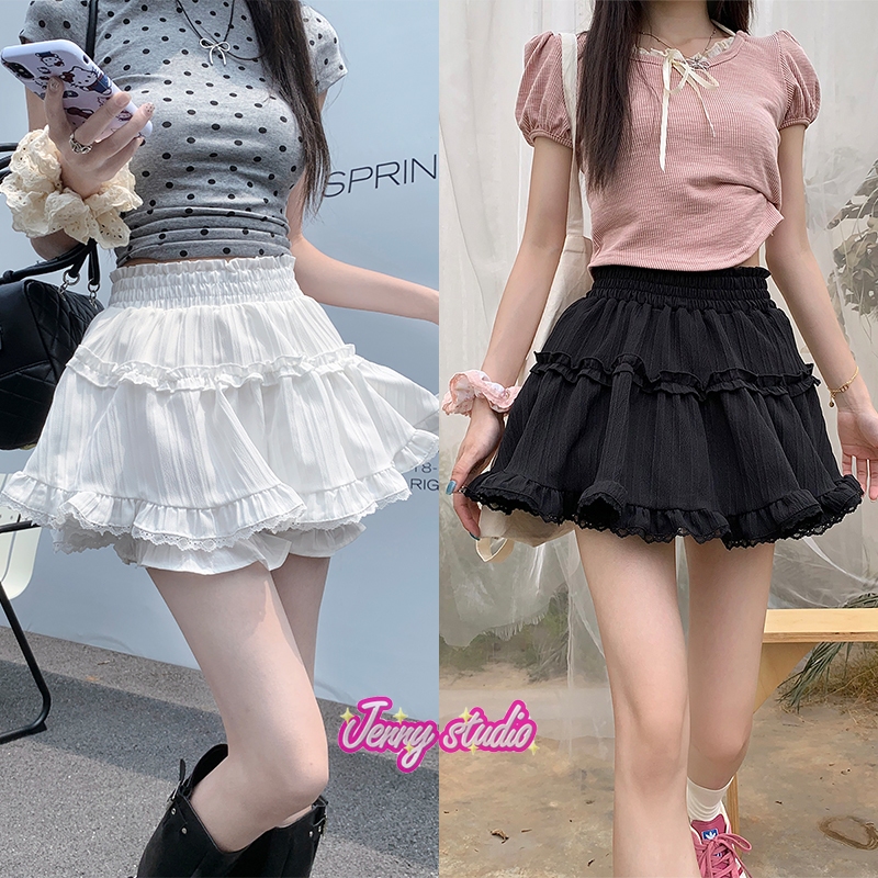 Jenny พร้อมส่ง กระโปรงสั้นผู้หญิง กระโปรงลูกไม้ Y2Kทรงบัลเล่ต์เอวสูง เอวสม๊อค ทรงเอ สไตล์เวียดนาม สาวอ้วนใส่ได้ มีซักใน