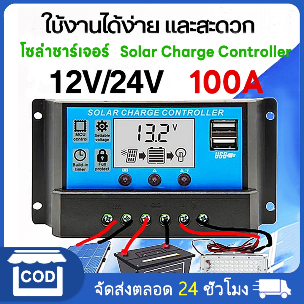 HOT Solar charger controller โซล่าชาร์จเจอร์ 12V/24V PWM30A40A 50A 60A 100A แผงควบคุมพลังงานแสงอาทิตย์สำหรับ Max 1680W