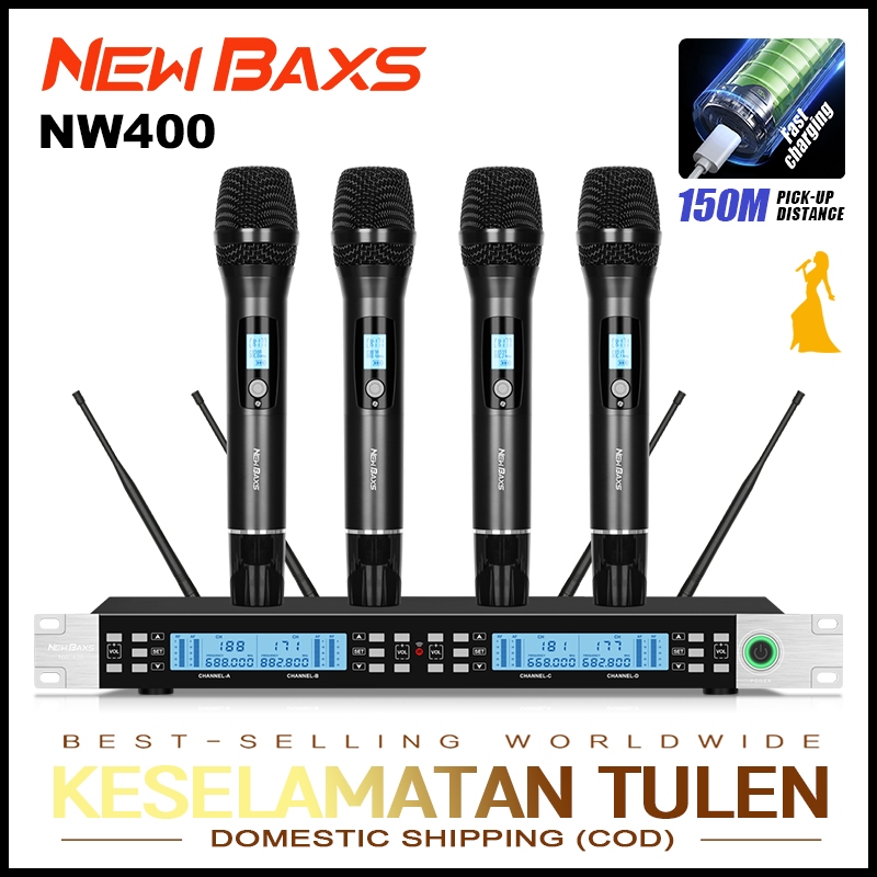 NEW BAXS ไมโครโฟนไร้สาย NW400 ชาร์จใหม่ได้ โลหะ UHF FM 4 หน่วย,ขจัดสิ่งรบกวน ไมค์，ความถี่ทดแทน，คาราโอเกะ งานแต่งงาน KTV