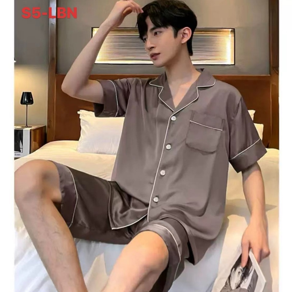 ชุดนอนเนื้อผ้าซาติน แขนสั้นขาสั้น เซ็ทสองชิ้น ผ้านุ่มลื่น ใส่สบาย ไม่อึดอัด S5