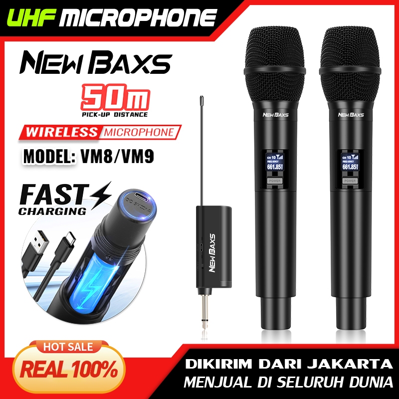 NEW BAXS [Type-C] ไมโครโฟนไร้สายมืออาชีพ VM8 / VM9 ไมโครโฟนไร้สายแบบดั้งเดิม 50 ม. ระยะยาวรับระยะยาว UHF วงดนตรีคว