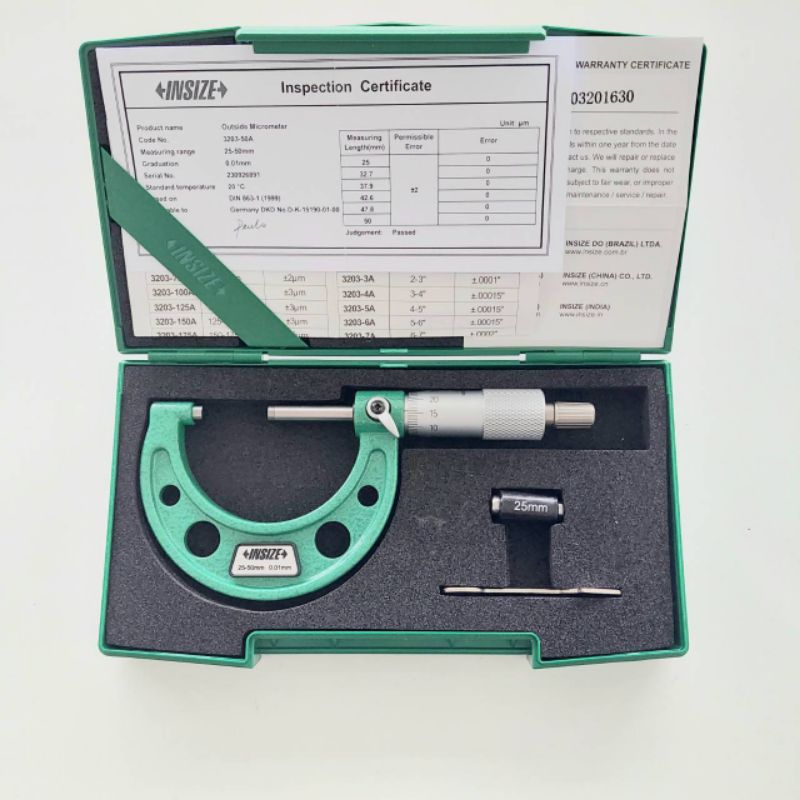 ไมโครมิเตอร์วัดนอก 25-50 × 0.01 mm Outside Micrometer INSIZE รุ่น 3203-50A