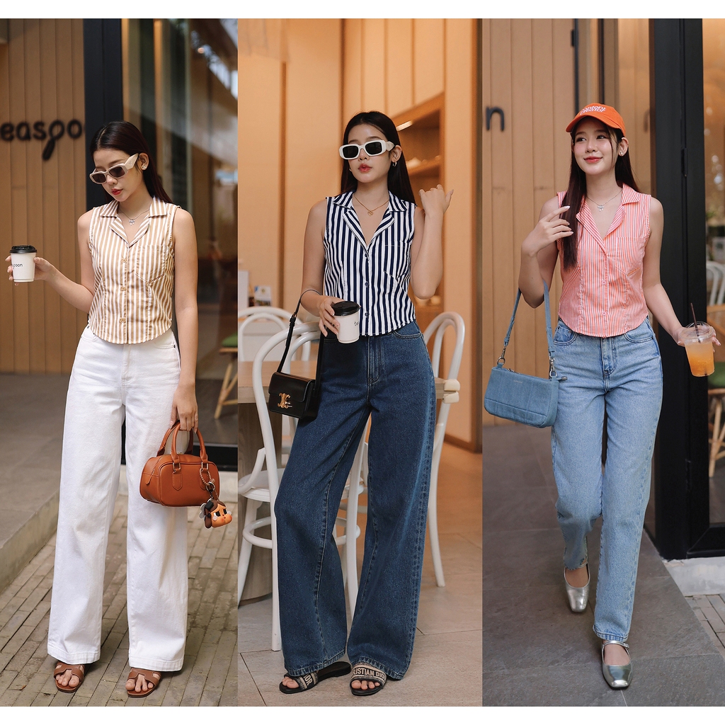 NUMBERSEVEN - T0123015 เชิ้ตแขนกุดปกเทเลอร์ปักลาย - มี 3 สี : สีเบจ, สีกรมท่า , สีส้ม