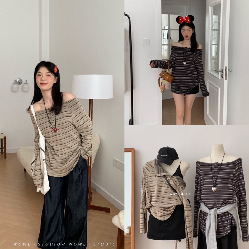 เสื้อแขนยาวคอกว้างลายริ้วรุ่น 9824 TAG:WG.WE