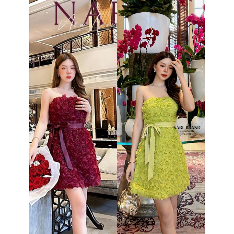 NABI BRAND เดรสเกาะอกผ้า 3D สีแดงเลือดหมู ใส่ได้ทุกเทศกาล สีหรูดูแพง ใส่แล้วออร้าพุ่ง ดีไซน์ทรงบาน