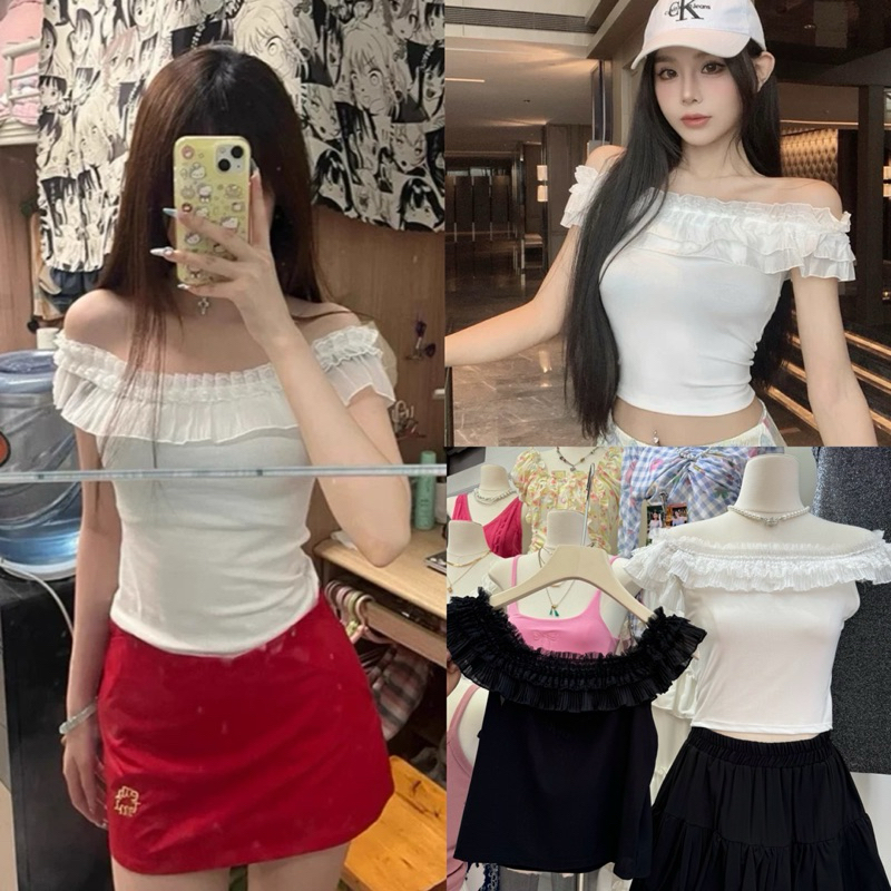 พร้อมส่ง เสื้อปาดไหล่ แต่งระบายลูกไม้ ผ้าคอตตอนยืด