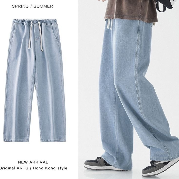 กางเกงยีนส์เอวสูงผู้ชายเอวยางยืดเพื่อความสบาย เท่เหมาะกับหลากหลายสไตล์ 3 สี ฟ้าอ่อน ดำ เทา 9UT2
