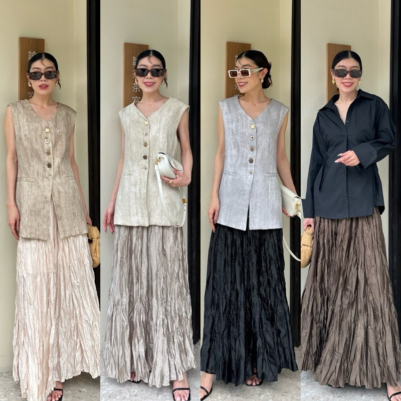 Nylon Silk Pleated Maxi Skirt #3231 x2 กระโปรงอัดยับ กระโปรงยาว ทรงสวย ใส่สบาย ออกงาน ไปคาเฟ่