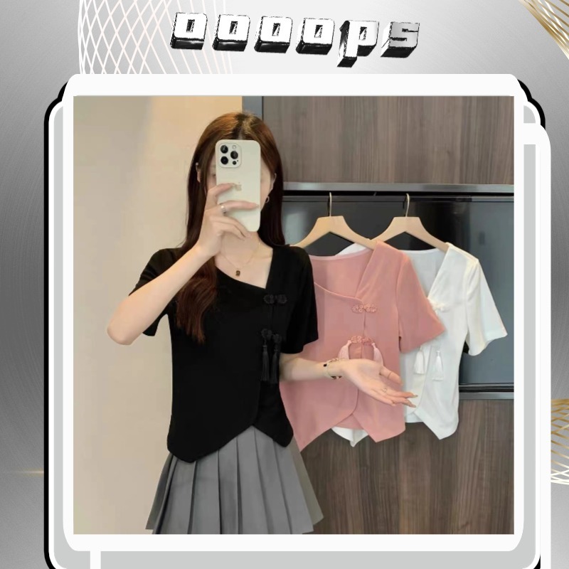 เสื้อผู้หญิงเเบบจีน เสื้อยืด สีสวย ทรงสวย เเต่งกระดุม ชายไม่สม่ำเสมอ #020247