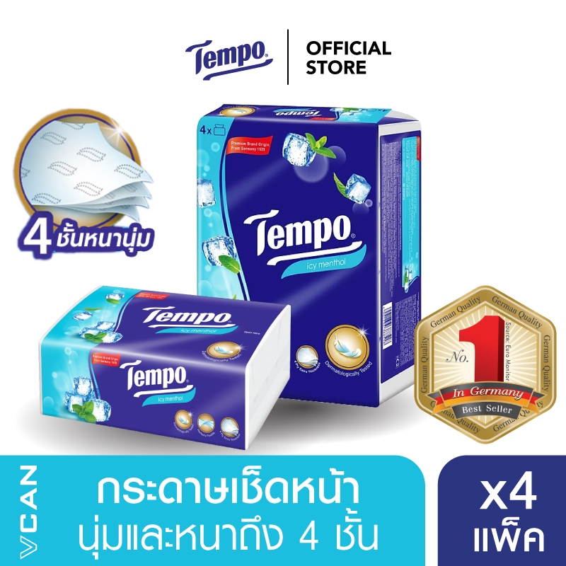 Tempo Softpack เทมโพ กระดาษเช็ดหน้า ทิชชู่ ไอซี่ เมนทอล ซอฟแพ็ค Pack4