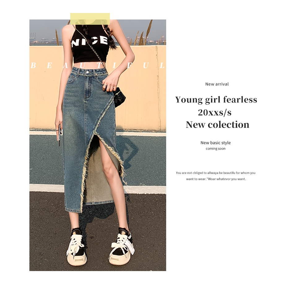 V26 พร้อมส่ง ยีนส์สวยๆ ผู้หญิงแฟชั่น S-2XL แต่งพู่ กระโปรงยีนส์ ทรงผ่าข้างสูง