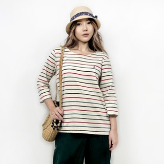 PORTLAND เสื้อยืดแขน 3 ส่วน สีเขียว / 3/4 Sleeves Striped T-…