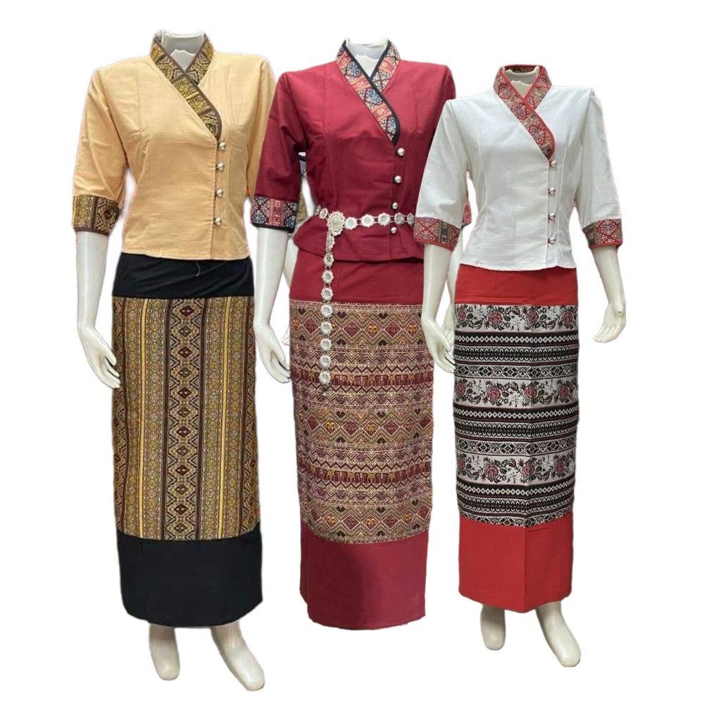 ชุดผ้าฝ้าย​แบบเจ้านางสำหรับผู้หญิง ใส่ได้ทุกเทศกาล ผ้าถุงแบบป้าย ฟรีไซส์ เสื้อ มีแถบ มีรอบอก34-52